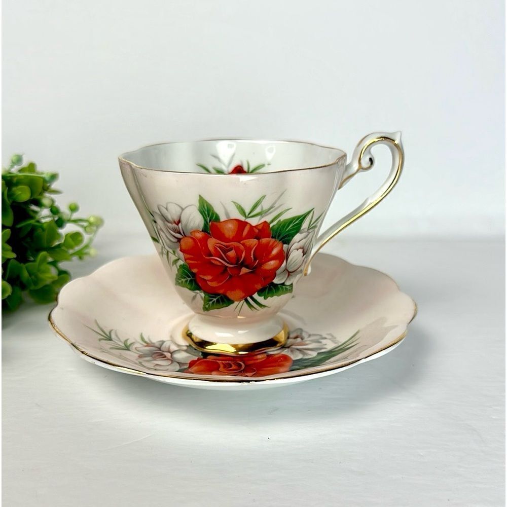Royal Standard Radiance Teacup Saucer Artist F. F. Errill Red White Camellias